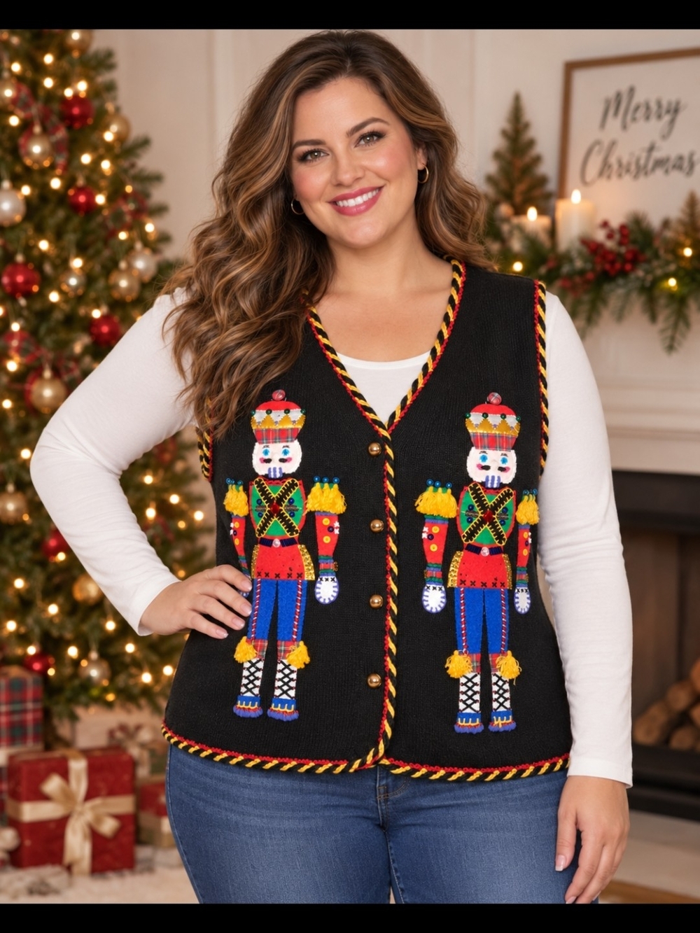 Karen Scott Black Nutcracker Embroidered Holiday Sweater Vest - Women